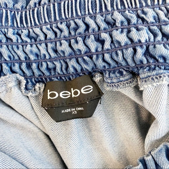 Bebe Women's Denim Off Shoulder Ruffle Boho Top XS - Picture 6 of 8